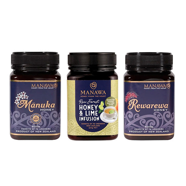 3 Honey Gift Pack - Mānuka 500g + Rawarewa 500g + Raw Forest Honey & Lime Infusion 500g