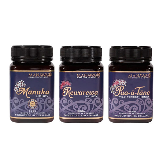 3 Honey Gift Pack - Mānuka 500g + Rawarewa 500g + Pua-ā-Tāne 500g