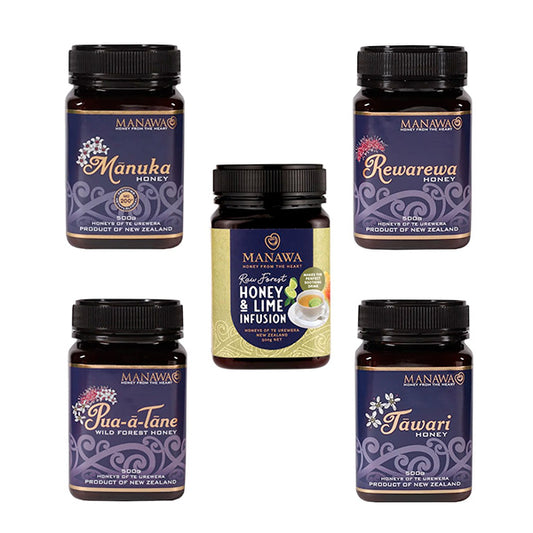 5 Honey Gift Pack - Mānuka 500g + Rawarewa 500g + Pua-ā-Tāne 500g + Tāwari 500g + Raw Forest Honey & Lime Infusion 500g