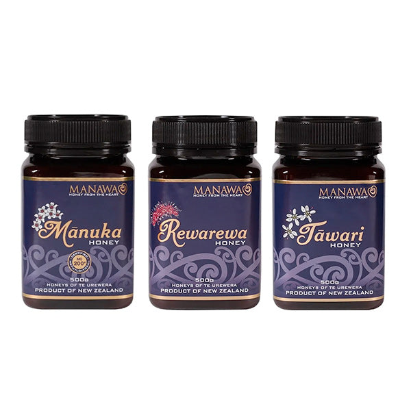 3 Honey Gift Pack - Mānuka 500g + Rawarewa 500g + Tāwari 500g