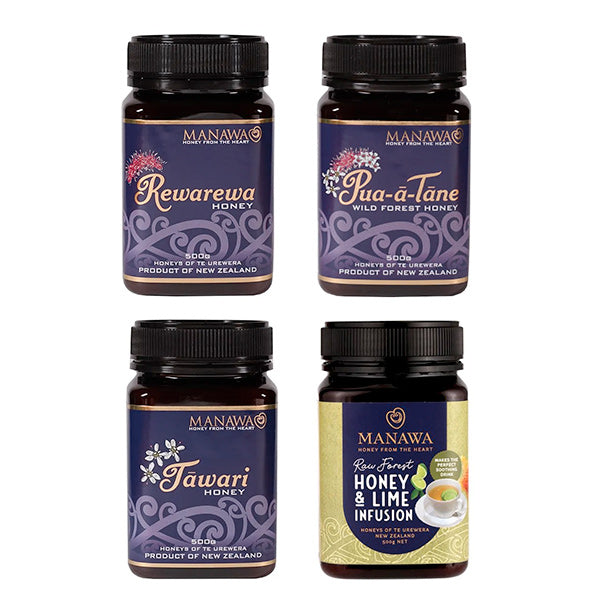 4 Honey Gift Pack - Rawarewa 500g + Pua-ā-Tāne 500g + Tāwari 500g + Raw Forest Honey & Lime Infusion 500g